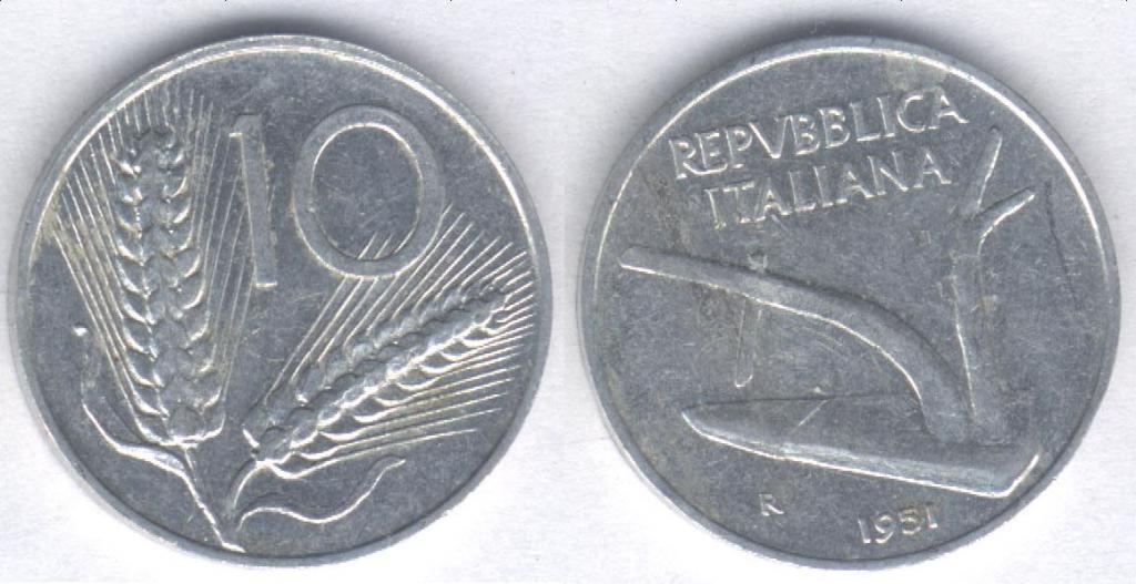 Монета Италия 10 лир 1951 г. XF, алюминий (2)