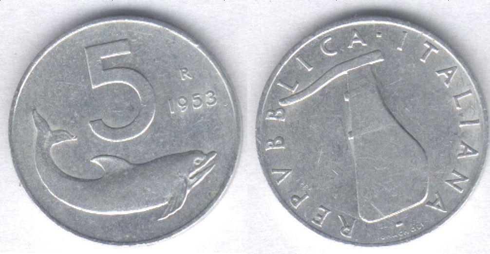 Монета Италия 5 лир 1953 г. VF+, алюминий