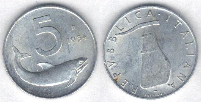 Монета Италия 5 лир 1954 г. XF, алюминий