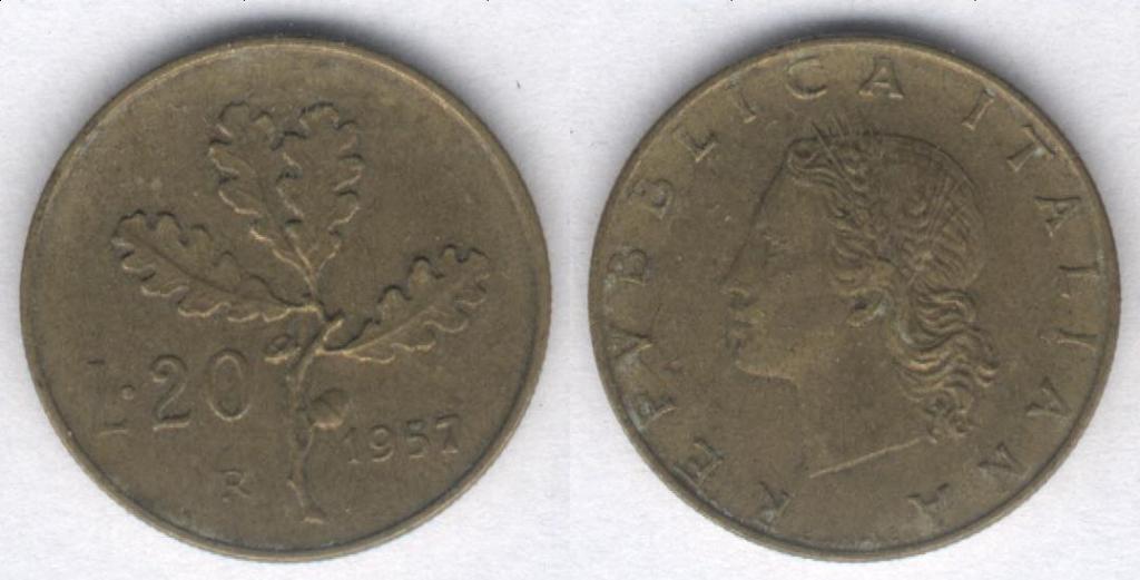 Монета Италия 20 лир 1957 г. VF