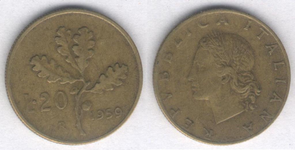 Монета Италия 20 лир 1959 г. VF