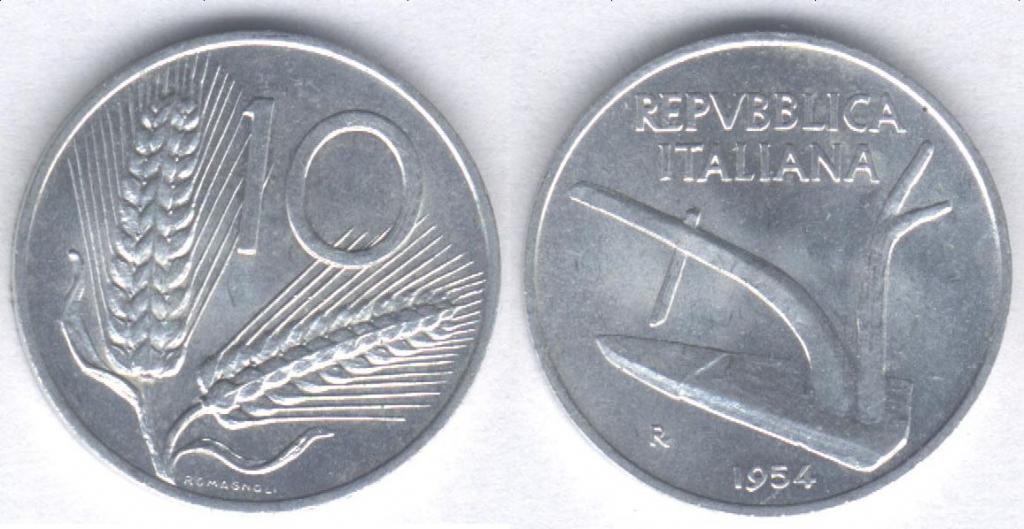 Монета Италия 10 лир 1954 г. XF+, алюминий (3)