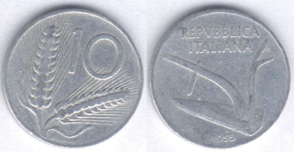 Монета Италия 10 лир 1955 г. F, алюминий (1)