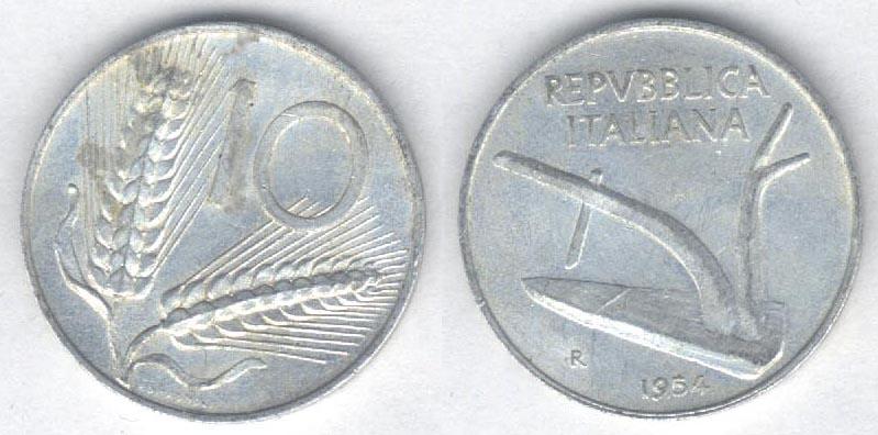 Монета Италия 10 лир 1954 г. VF+, алюминий (2)