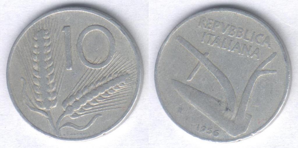 Монета Италия 10 лир 1956 г. F, алюминий (1)