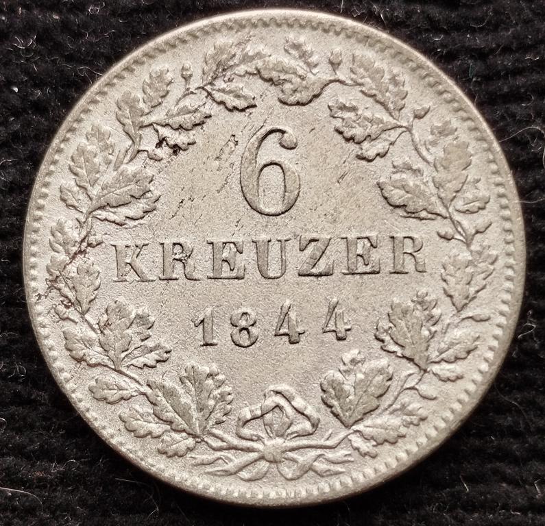 Германия, Вюртемберг 6 крейцеров 1844 г.