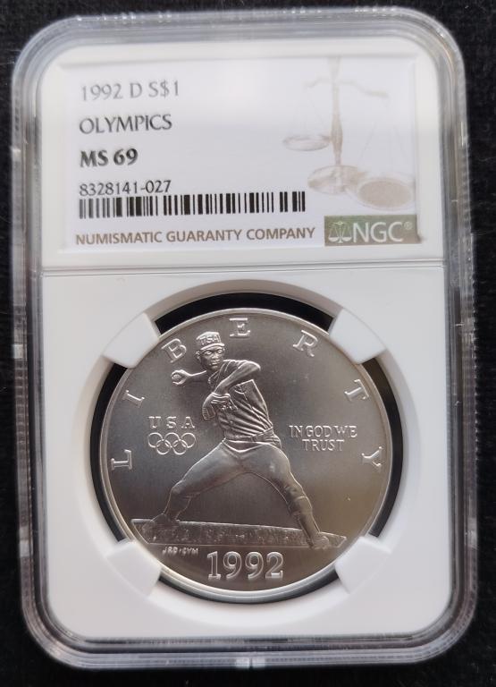 США 1 доллар 1992 XXV Олимпийские игры Бейсбол Серебро Слаб NGC. MS-69