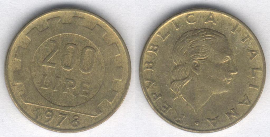 Монета Италия 200 лир 1978 г. F+