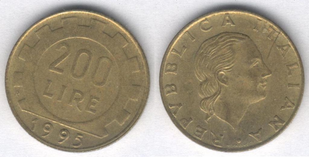 Монета Италия 200 лир 1995 г. VF (1)