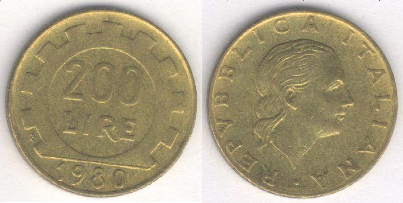 Монета Италия 200 лир 1980 г. VF
