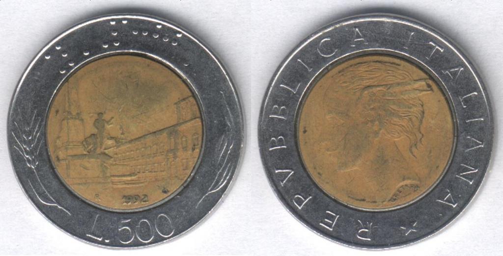 Монета Италия 500 лир 1992 г. VF