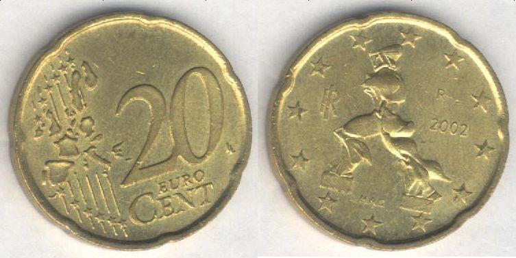 Монета Италия 20 евроцентов 2002 г. XF (2)