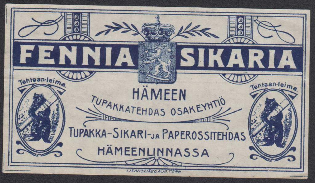 Этикетка обертка фантик папиросы табак сигары Fennia Sikaria фабрика Самсон Эстония Финляндия 1920е