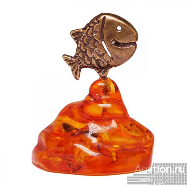 Фигурка Рыбка в море (янтарь бронза латунь) 4103