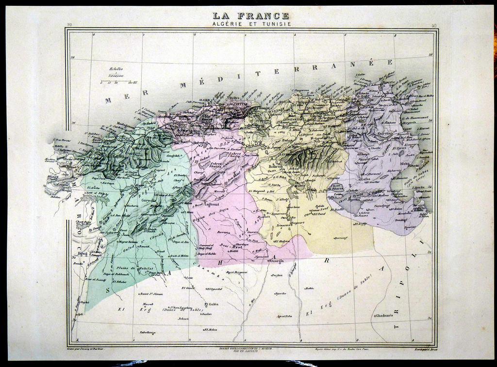 Гравюра карта Африка Французский Алжир и Тунис France Paris 1870 год