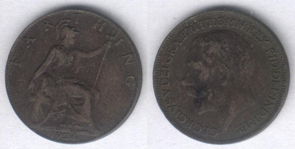 Монета Великобритания фартинг 1924 г. VF