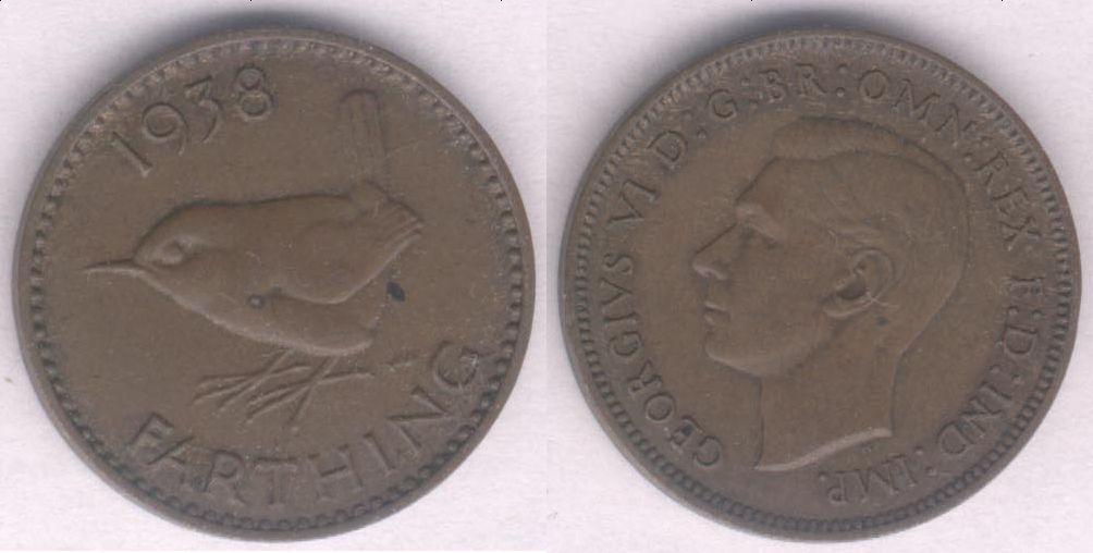Монета Великобритания фартинг 1938 г. VF+