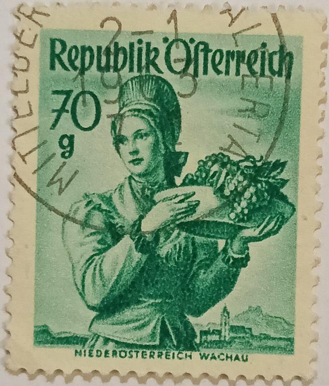 Марки_Австрии, 70 Австрийских грошей, 1958 год Провинциальные костюмы,Нижняя Австрия, Вахау, Гашёная