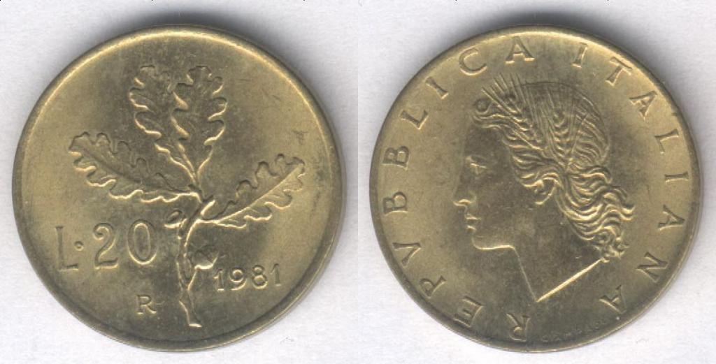 Монета Италия 20 лир 1981 г. XF+