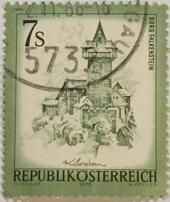 Марки_Австрии, 7 öS -Австрийский шиллинг, 1973г., Замок Фалькенштейн, Каринтия, Гашёная.