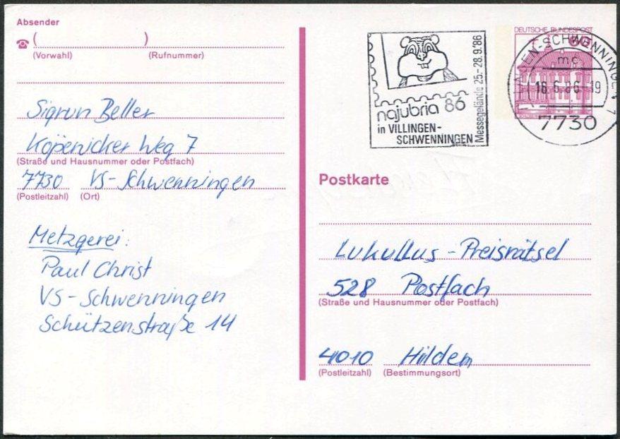 Германия ФРГ 1986 Villingen-Schwenningen рекламный шт. слоган NAJUBRIA`86 филвыставка ХОМЯК карточка