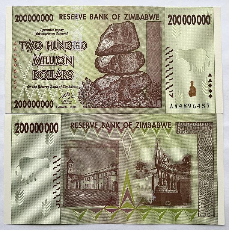 ЗИМБАБВЕ 200000000 ДОЛЛАРОВ 2008 ГОД UNC