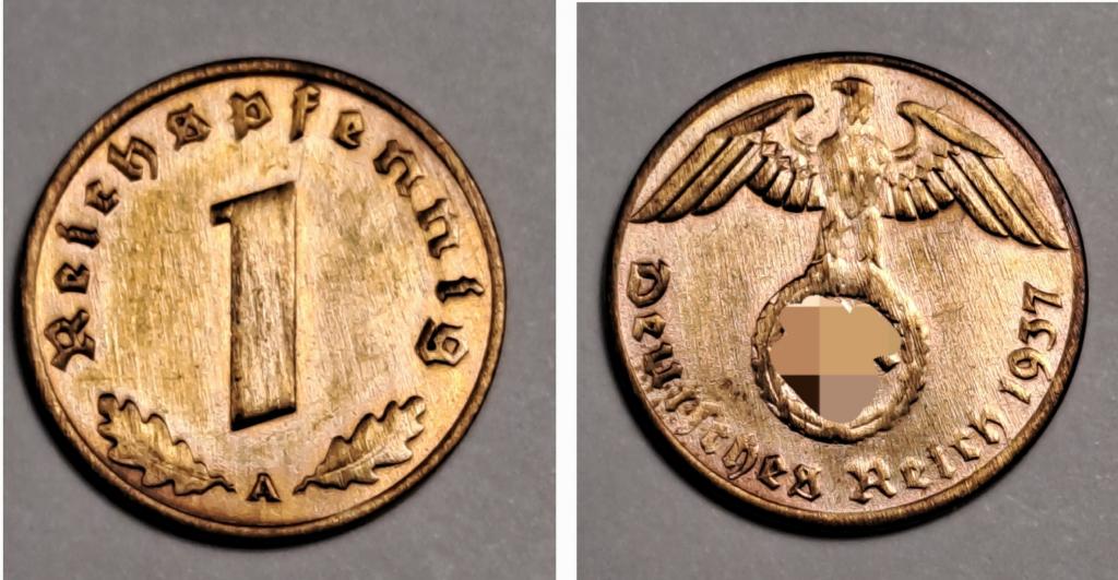 Германия 1 пфенниг  1937 А . Штемпель