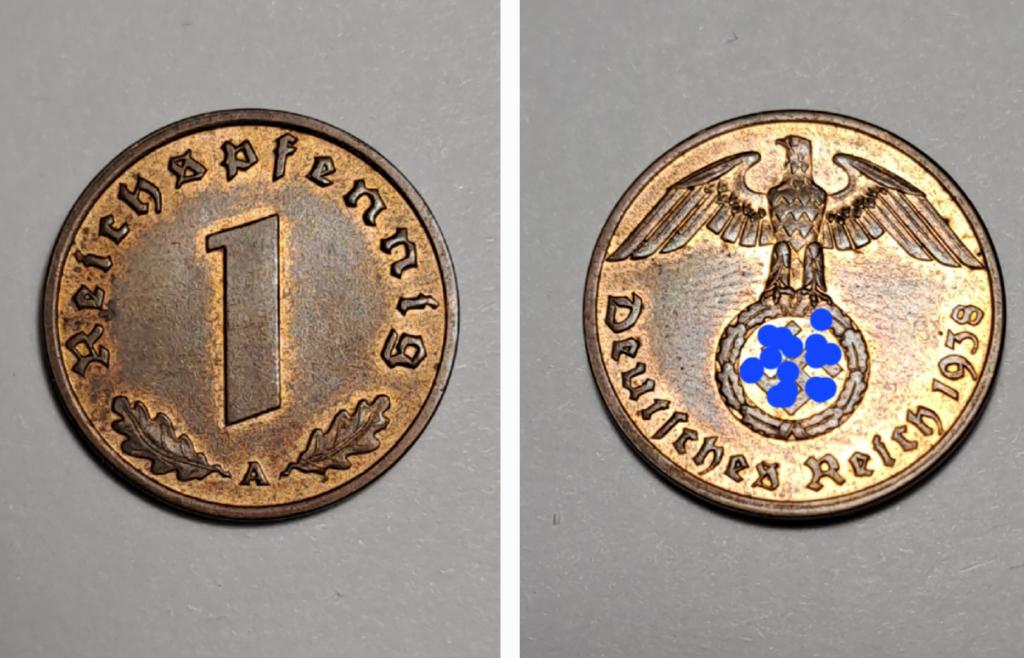 Германия 1 пфенниг  1938 А . Штемпель