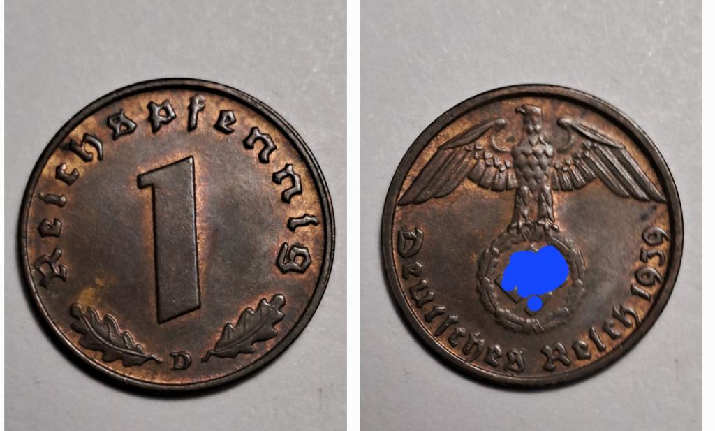 Германия 1 пфенниг  1939 D. Штемпель