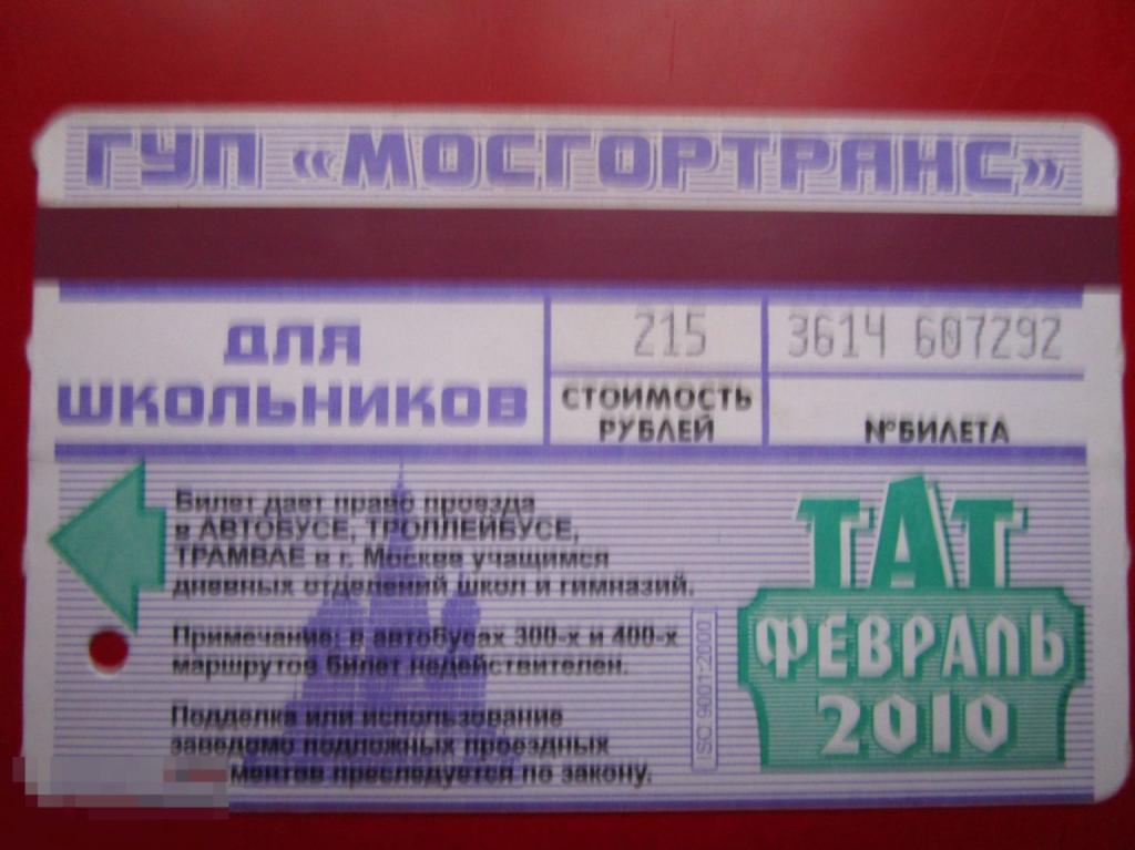 Транспортный билет ТАТ для школьников, 215 рублей, февраль 2010