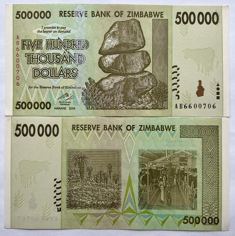 ЗИМБАБВЕ 500000 ДОЛЛАРОВ 2008 ГОД UNC