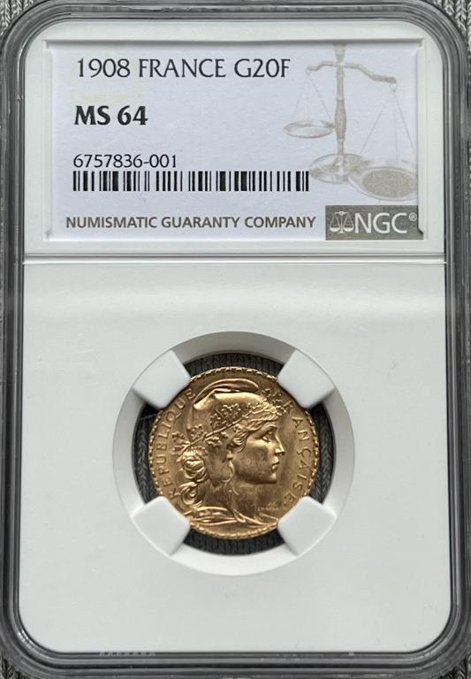20 франков 1908 "ПЕТУХ" NGC MS64