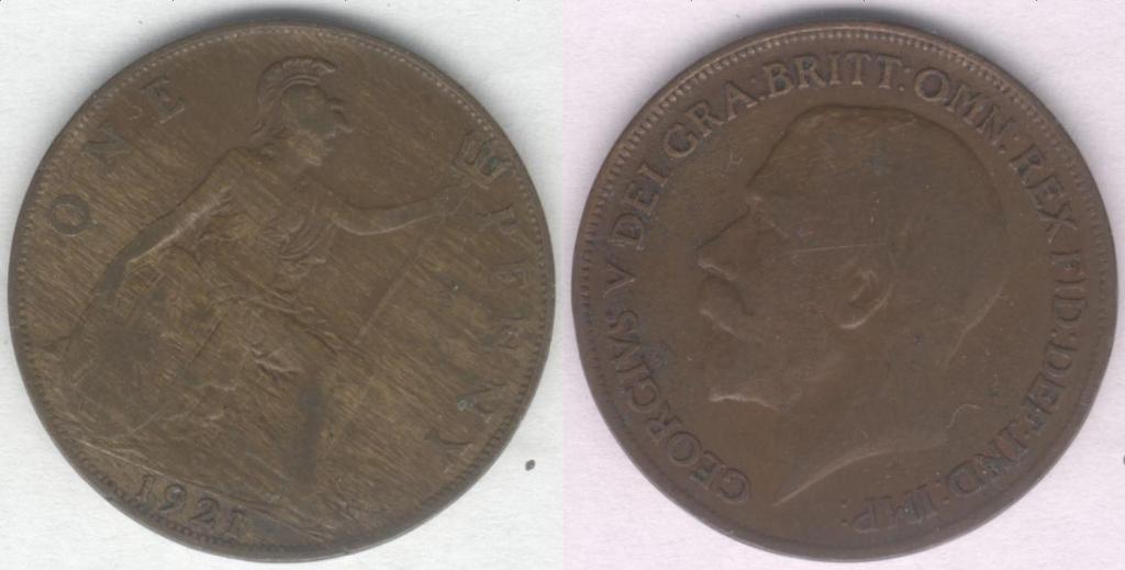 Монета Великобритания 1 пенни 1921 г. F