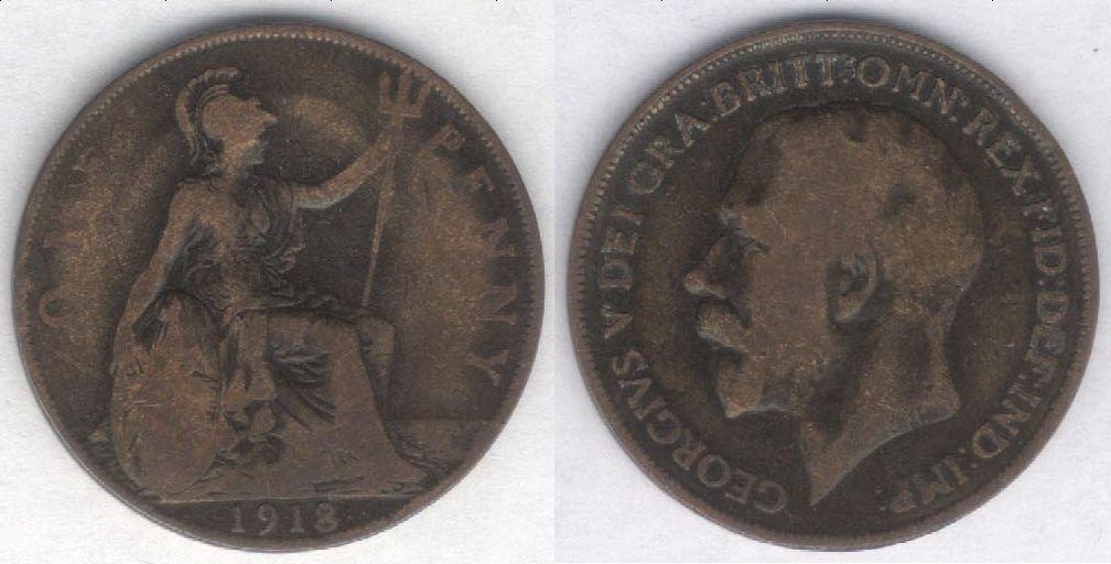 Монета Великобритания 1 пенни 1918 г. F
