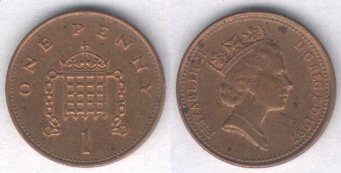 Монета Великобритания 1 пенни 1997 г. XF