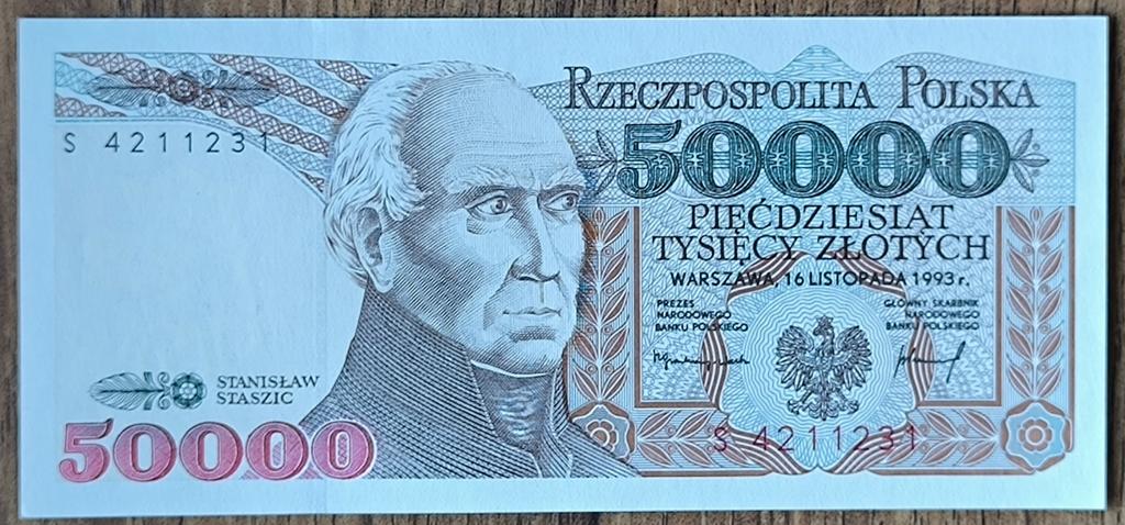 Польша 50000 злотых 1993 г. Станислав Сташиц. P-159a. ПРЕСС - UNC. Серия S