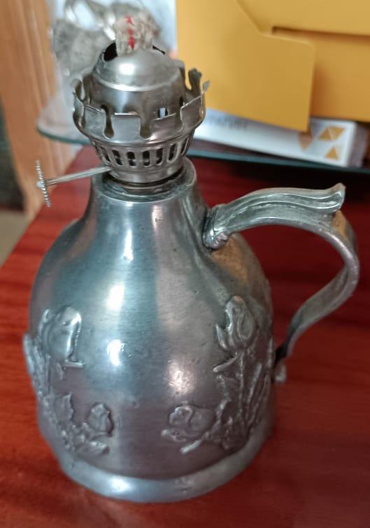 лампа керосиновая, олово, серебрение, старинная, коллекционная