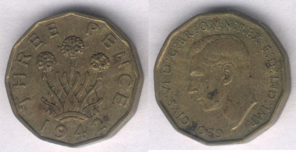 Монета Великобритания 3 пенса 1942 г. XF (2)