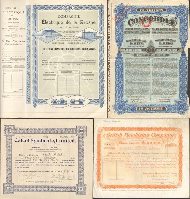 Лот 1 - Четыре иностранные акции Франция Швейцария Румыния Индия Англия Великобритания