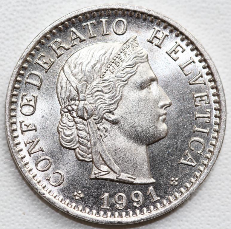 Швейцария 20 раппен 1991 UNC