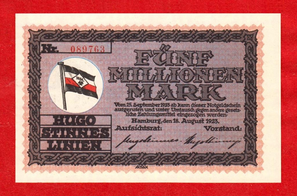 Германия, Гамбург, Hugo Stinnes Linien, промышленный выпуск, 5000000 марок, 1923, UNC, ПРЕСС, 089763
