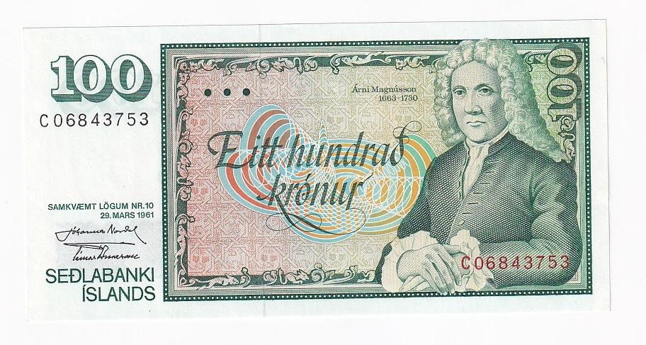 Исландия Банкнота 100 крон 1961 год  AUNC/UNC (42066)
