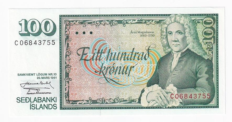 Исландия Банкнота 100 крон 1961 год  UNC (42065)