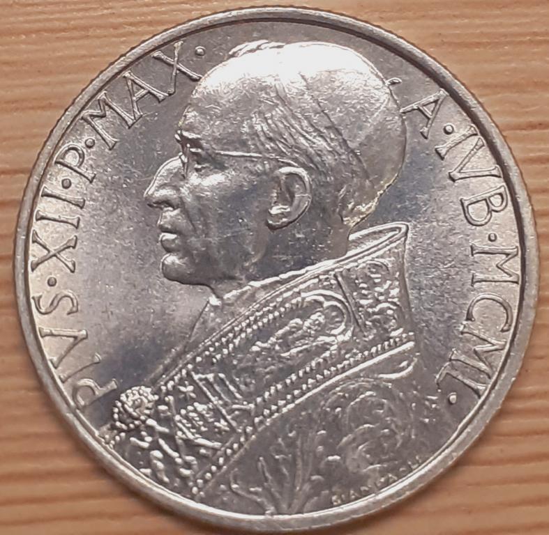 Ватикан 5 лир 1950 г. Пий XII. Оригинал. UNC