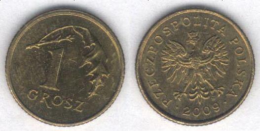 Монета Польша 1 грош 2009 г. XF