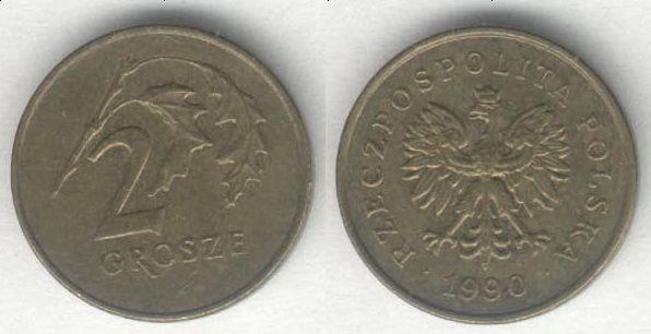 Монета Польша 2 гроша 1990 г. VF