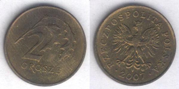 Монета Польша 2 гроша 2007 г. XF