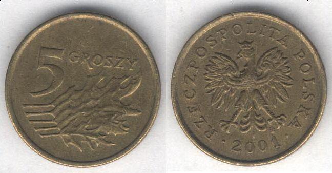 Монета Польша 5 грошей 2001 г. VF+