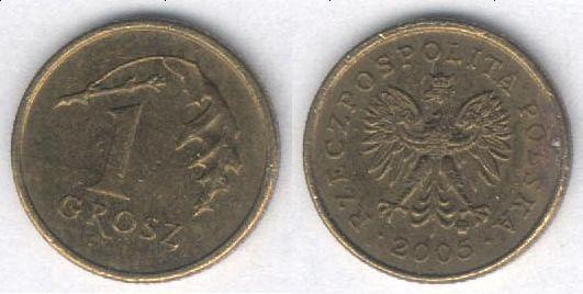 Монета Польша 1 грош 2005 г. VF