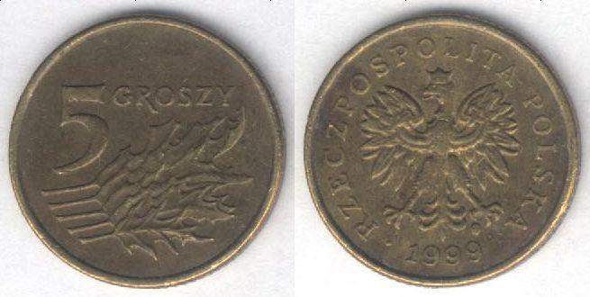 Монета Польша 5 грошей 1999 г. VF